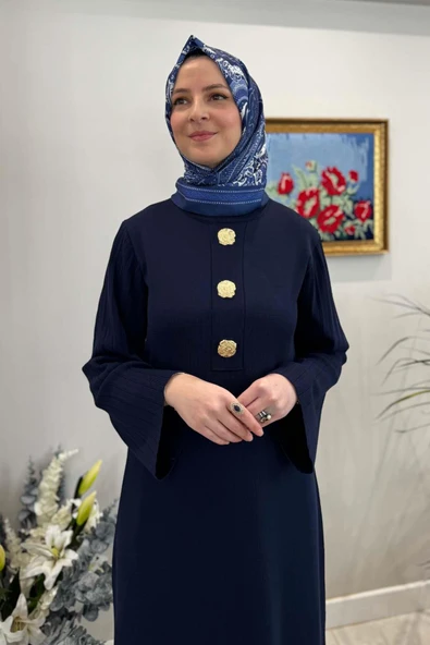Banu Broşlu Triko Elbise Lacivert - Resim 6