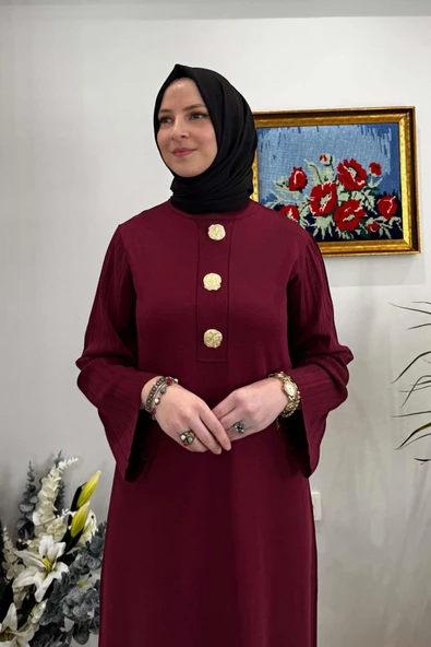 Banu Broşlu Triko Elbise Bordo - Resim 4