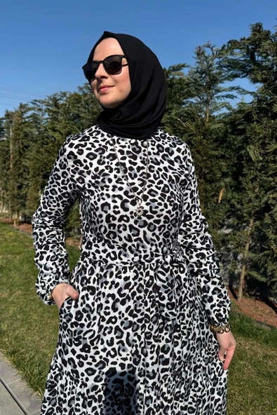 Leopar Desenli Elbise Siyah - Resim 4