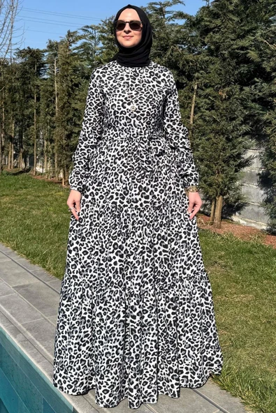 Leopar Desenli Elbise Siyah - Resim 8