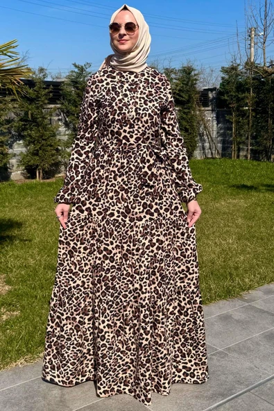 Leopar Desenli Elbise Kahve ürün görseli 1