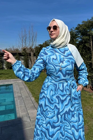 Su Desenli Elbise Mavi - Resim 2