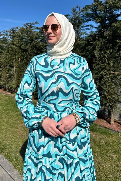 Su Desenli Elbise Turkuaz - Resim 4