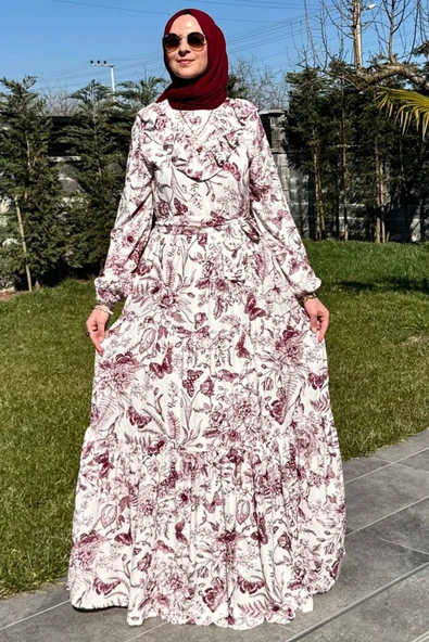 Botanik Elbise Bordo - Resim 8