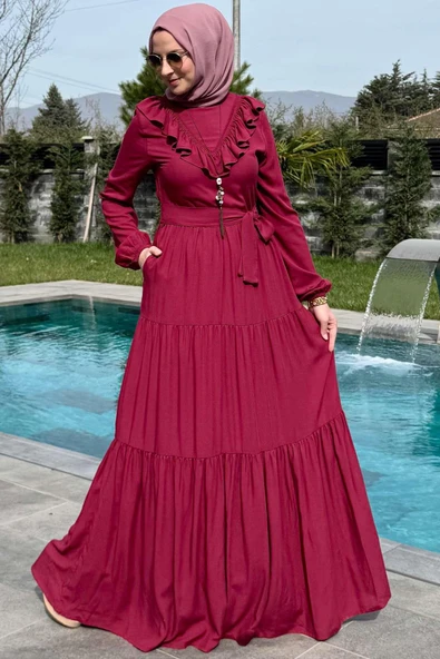 Jale Elbise Bordo - Resim 5