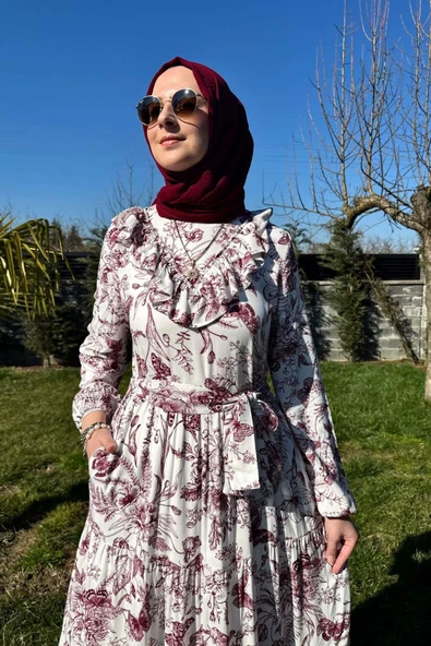 Botanik Elbise Bordo - Resim 4