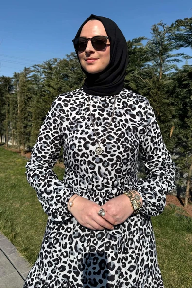 Leopar Desenli Elbise Siyah - Resim 2