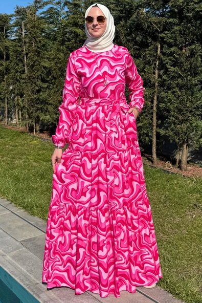 Su Desenli Elbise Pembe ürün görseli 1
