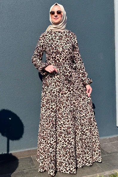 Leopar Desenli Elbise Kahve - Resim 6
