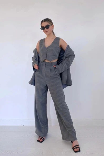 Gri Çizgili Ceket & Yelek Ve Pantolon Takım ürün görseli 1
