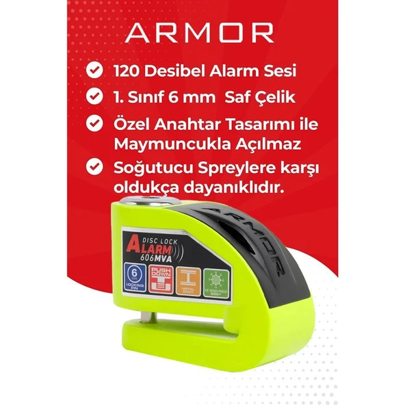 Armor Alarmlı Motorsiklet Disk Kilidi Çelik Gövde 606 Mva 6mm-Yeşil ürün görseli 1