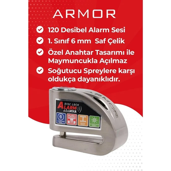 Armor Alarmlı Motorsiklet Disk Kilidi Çelik Gövde 606 Mva 6mm-İnox ürün görseli 1