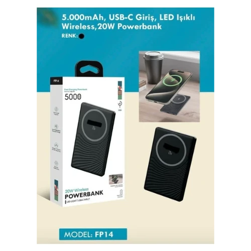 FP14 5000 mAh 20WATT Usb-C LED Işıklı Wireless Slim Taşınabilir Kablosuz Powerbank ürün görseli 1