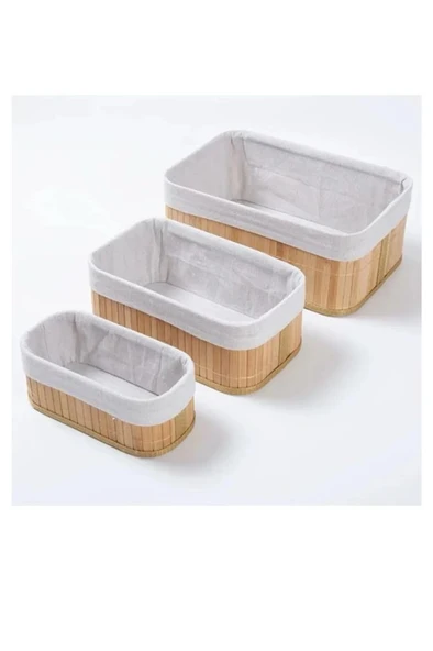 3 Boy Bambu Organizer Sepet Seti Ekmek Kutusu Keten Kumaş Banyo Mutfak Kozmetik Dolap Düzenleyici ürün görseli 1