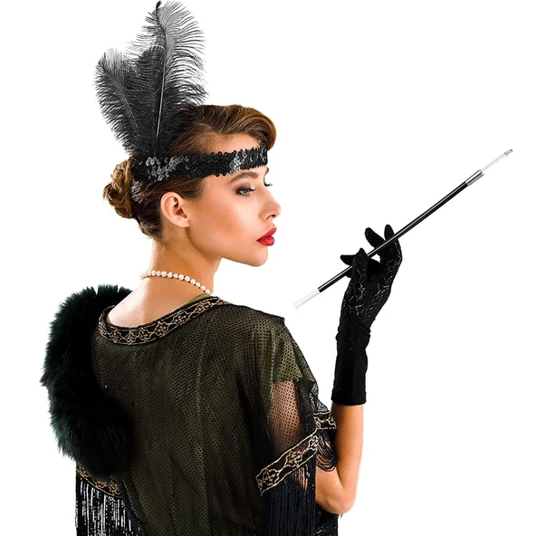 1920'ler Gatsby Aksesuar Seti – Siyah Charleston Saç Bandı & Sigaralık ürün görseli 1