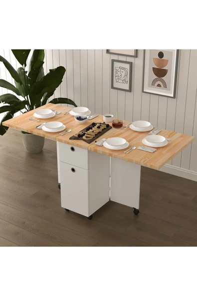 Lüks Masif Ahşap Katlanır Mutfak Yemek Masası %100 MDF Pratik Çekmeceli Çalışma Masası KM22 ürün görseli 1