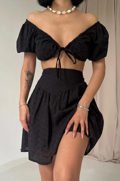 Siyah Brode Crop Ve Mini Etek Takım - Resim 3