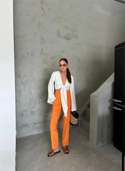 BEL LASTİK DETAYLI MODAL KUMAŞ PANTOLON - Orange ürün görseli 1