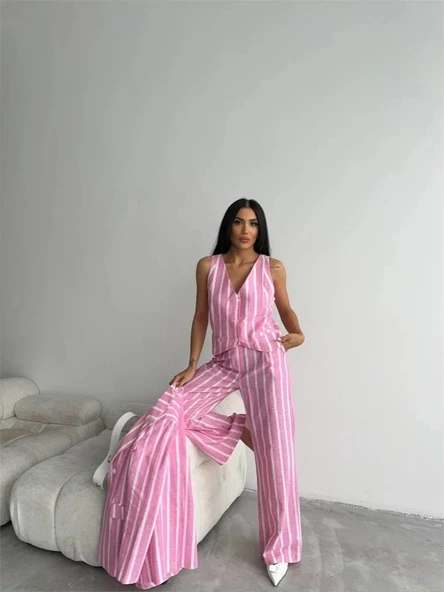 ÇİZGİLİ CEKET KETEN - Pembe - Resim 2