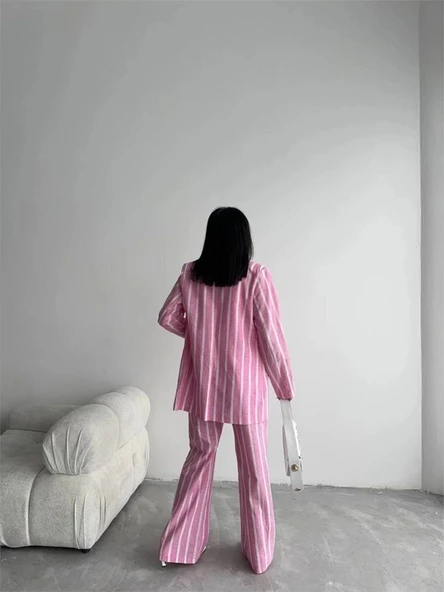 ÇİZGİLİ CEKET KETEN - Pembe - Resim 4