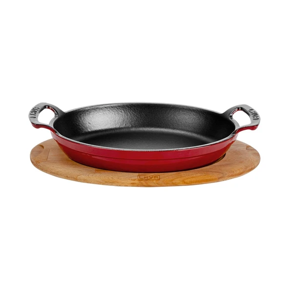 Lava Döküm Oval Sahan Döküm Demir Yekpare Çift Kulplu Kayın Servis Ahşabı Ölçü 23x17cm.  Kırmızı ürün görseli 1