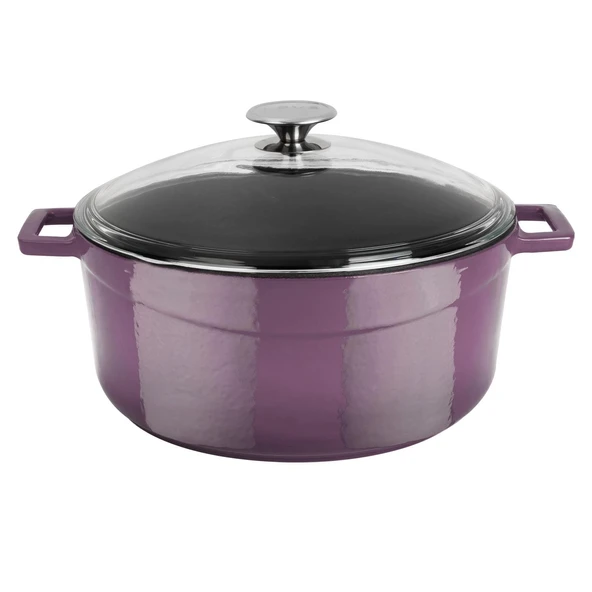 Lava Döküm Yuvarlak Tencere Cam kapaklı. Glaze Çap(Ø)28cm.  Mor ürün görseli 1