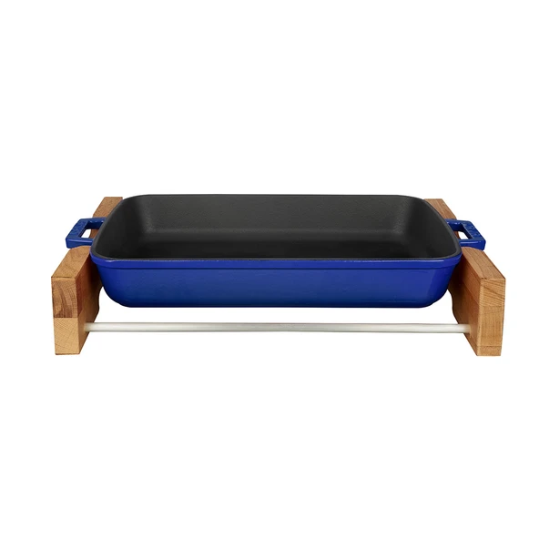 Lava Döküm Dikdörtgen Rosto ve Fırın Tepsisi Kayın Servis Ahşabı Döküm Demir Yekpare Çift Kulplu Ölçü 22x30cm.  Mavi ürün görseli 1
