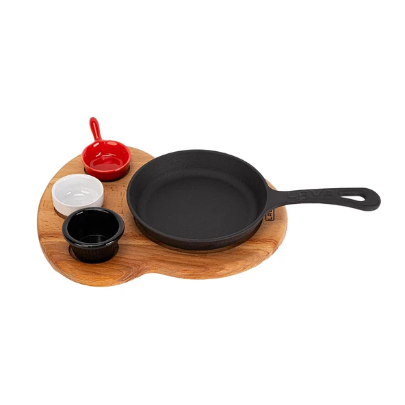 Lava Döküm Yuvarlak Kızartma Tavası Yekpare Saplı Kayın Ahşap Altlık. Çap(Ø)16cm. (Bu ürüne sos kapları dahil değildir) ürün görseli 1