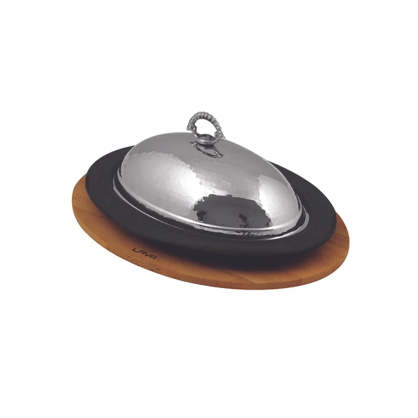 Lava Döküm Oval Döner, Kebap Tabağı Kayın Servis Ahşabı ve Bakır Dövme Formlu Kapak Ölçü 32x23cm. ürün görseli 1
