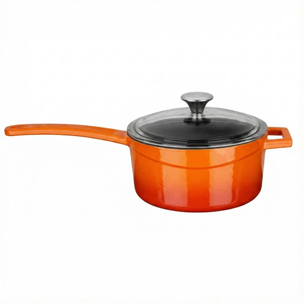 Lava Döküm Yuvarlak Sos Tenceresi Cam kapaklı, Metal Saplı. Glaze Serisi Çap(Ø16 cm.  Turuncu ürün görseli 1