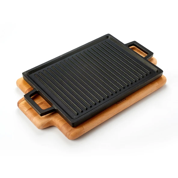 Lava Döküm Dikdörtgen Çift Yön Izgara Hot Plate Döküm Demir Yekpare Çift Kulplu Kayın Servis Ahşabı Ölçü 22x30cm. ürün görseli 1