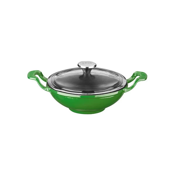 Lava Döküm Mini Wok Yekpare Kulplu Cam Kapaklı Çap(Ø)16cm.  Yeşil ürün görseli 1