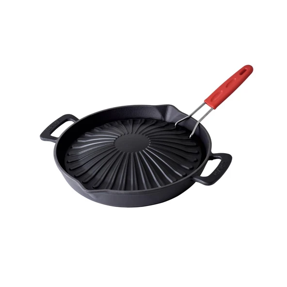 Lava Döküm Yuvarlak Grill Izgara Tavası Genghis Khan Serisi Çift Kulp ve Silikon Tel Saplı Çap(Ø)32cm. ürün görseli 1