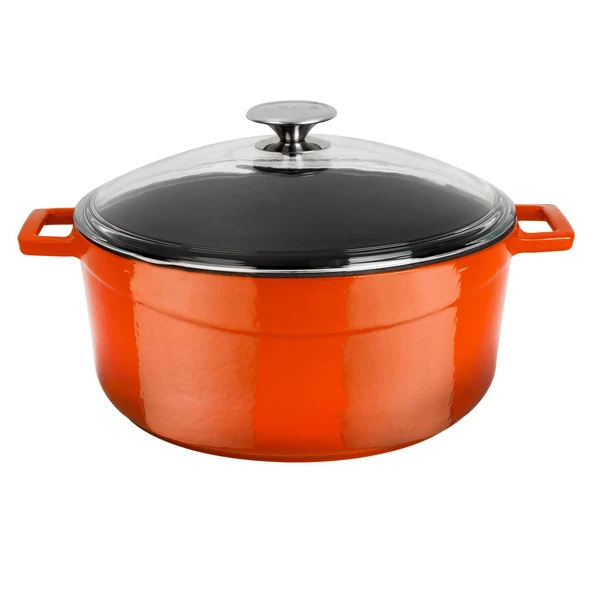 Lava Döküm Yuvarlak Tencere Cam kapaklı. Glaze Çap(Ø)28cm.  Turuncu ürün görseli 1