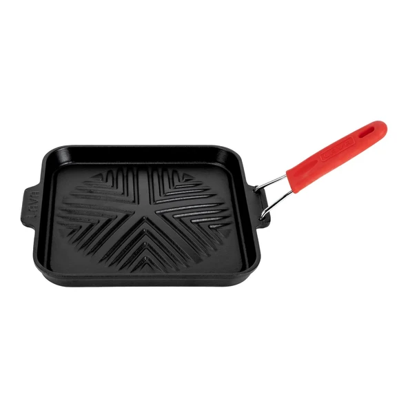 Lava Döküm Kare Sığ Izgara Tavası Snow Serisi Silikon Tel Saplı Ölçü 24x24cm.  Kırmızı ürün görseli 1