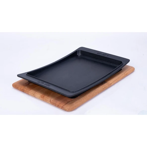 Lava Döküm Dikdörtgen Servis Tabağı ve Kayın Servis Ahşabı. Ölçü 36x24cm. ürün görseli 1
