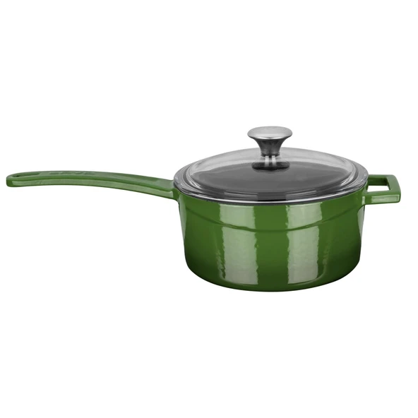 Lava Döküm Yuvarlak Sos Tenceresi Cam kapaklı, Metal Saplı. Glaze Serisi Çap(Ø16 cm.  Yeşil ürün görseli 1
