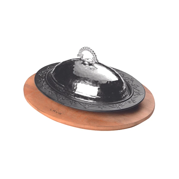 Lava Döküm Oval Döner, Kebap Tabağı Kayın Servis Ahşabı ve Bakır Dövme Formlu Kapak Ölçü 28x20cm. ürün görseli 1