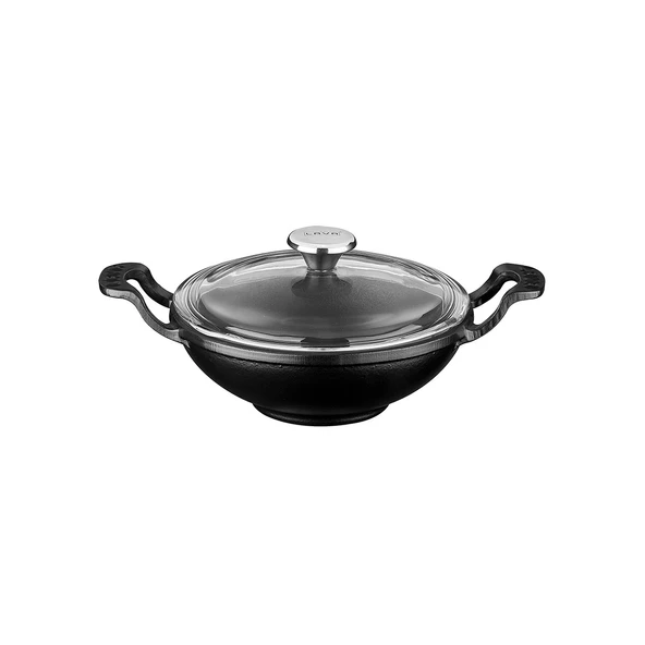 Lava Döküm Mini Wok Yekpare Kulplu Cam Kapaklı Çap(Ø)16cm.  Siyah ürün görseli 1