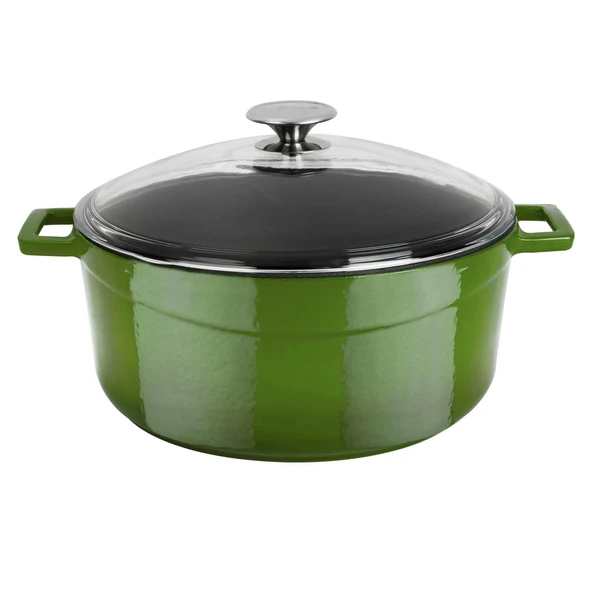 Lava Döküm Yuvarlak Tencere Cam kapaklı. Glaze Çap(Ø)28cm.  Yeşil ürün görseli 1