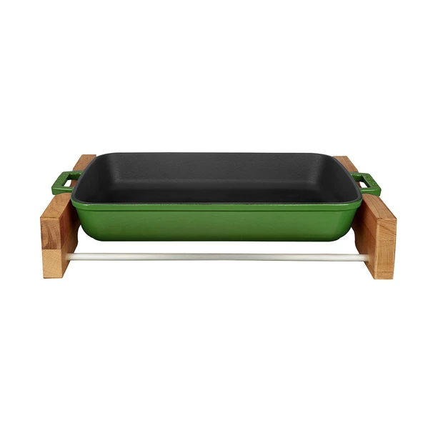 Lava Döküm Dikdörtgen Rosto ve Fırın Tepsisi Kayın Servis Ahşabı Döküm Demir Yekpare Çift Kulplu Ölçü 22x30cm.  Yeşil ürün görseli 1