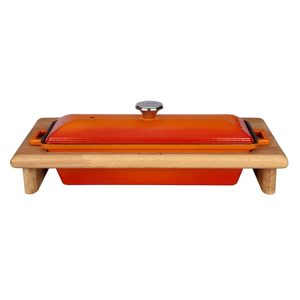 Lava Döküm Ekmek Tenceresi / Kayın Ağacı Servis Standı / Terrine Serisi. Ölçü 11x29cm.  Turuncu ürün görseli 1