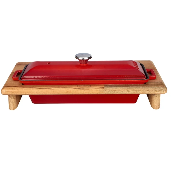 Lava Döküm Ekmek Tenceresi / Kayın Ağacı Servis Standı / Terrine Serisi. Ölçü 11x29cm.  Kırmızı ürün görseli 1