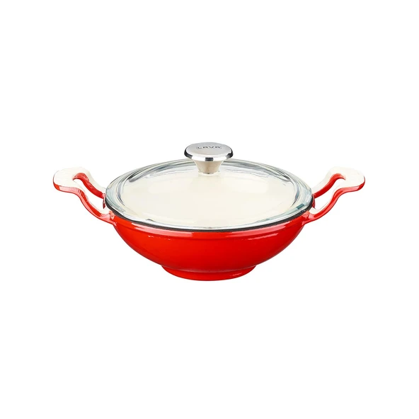 Lava Döküm Mini Wok Yekpare Kulplu Cam Kapaklı Edition Serisi Çap(Ø)16cm.  Kırmızı ürün görseli 1