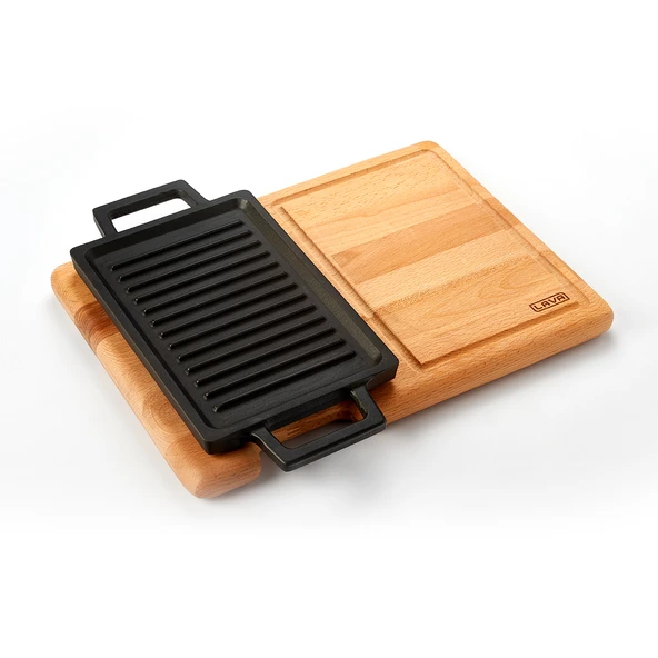 Lava Döküm Dikdörtgen Çift Yön Izgara ve Düz Yüzey Hot Plate Kayın Servis Ahşabı Ölçü 22x15cm. ürün görseli 1