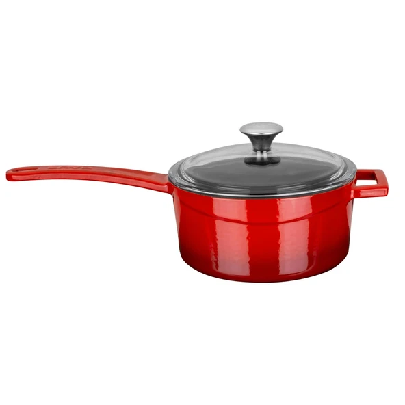 Lava Döküm Yuvarlak Sos Tenceresi Cam kapaklı, Metal Saplı. Glaze Serisi Çap(Ø16 cm.  Kırmızı ürün görseli 1