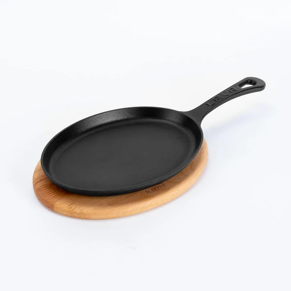 Lava Döküm Oval Fajita Tabağı Döküm Demir Yekpare Saplı Kayın Servis Ahşabı Ölçü 17x23cm. ürün görseli 1