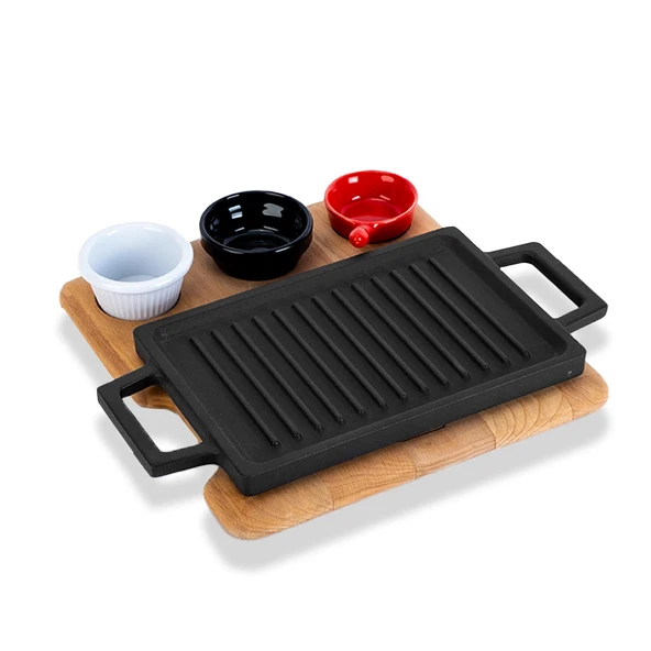 Lava Döküm Dikdörtgen Çift Yön Izgara ve Düz Yüzey Hot Plate Kayın Servis Ahşabı Ölçü 22x15cm. (Sos kapları dahil değildir.) ürün görseli 1