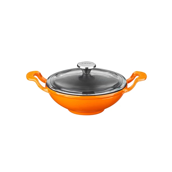 Lava Döküm Mini Wok Yekpare Kulplu Cam Kapaklı Çap(Ø)16cm.  Turuncu ürün görseli 1