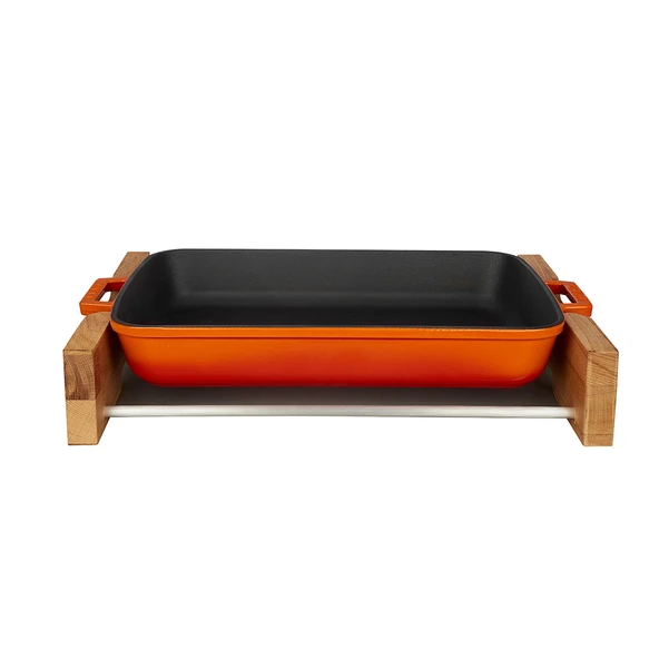 Lava Döküm Dikdörtgen Rosto ve Fırın Tepsisi Kayın Servis Ahşabı Döküm Demir Yekpare Çift Kulplu Ölçü 22x30cm.  Turuncu ürün görseli 1